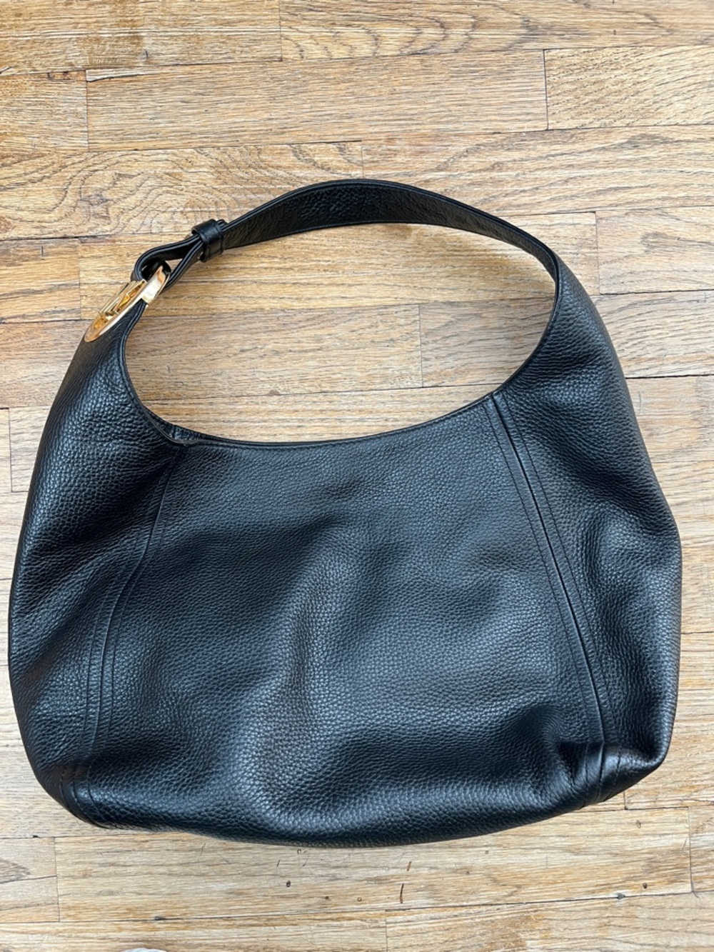 Michael Kors Black Leather Shoulder Hobo with Gold MK Charm - Picture 3 of 8